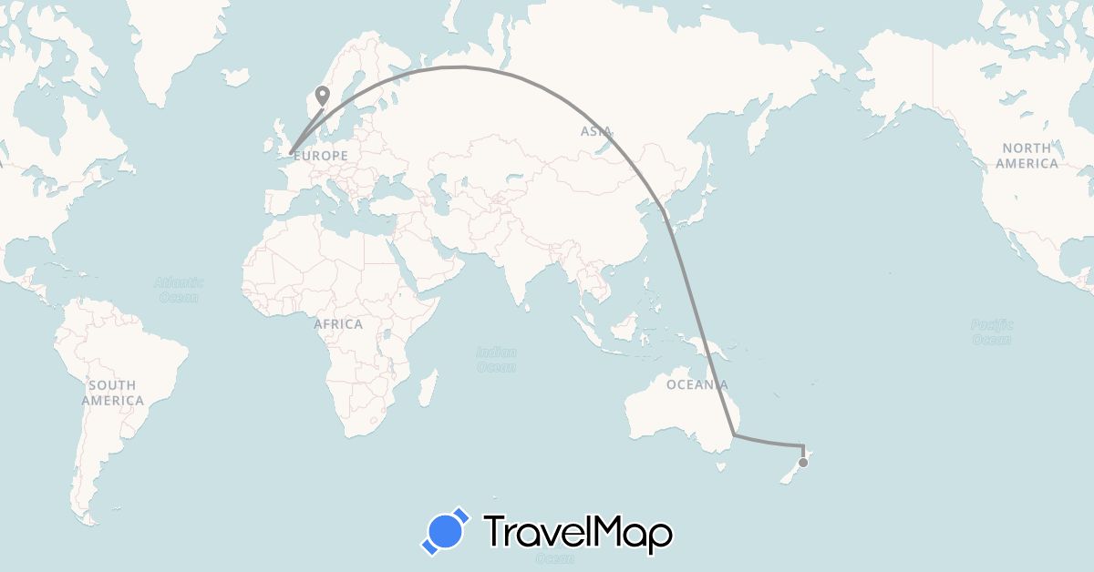 TravelMap itinerary: driving, plane in Australia, United Kingdom, South Korea, Norway, New Zealand (Asia, Europe, Oceania)